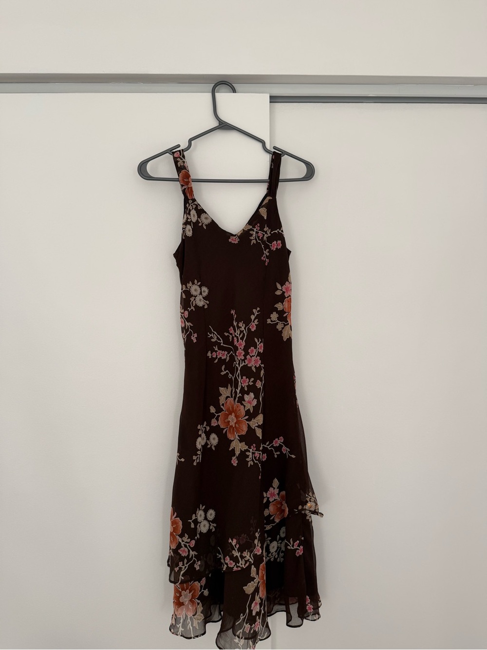 90s Inspired Chocolate Brown Floral Slip Midi Dress - Picture 2 of 5